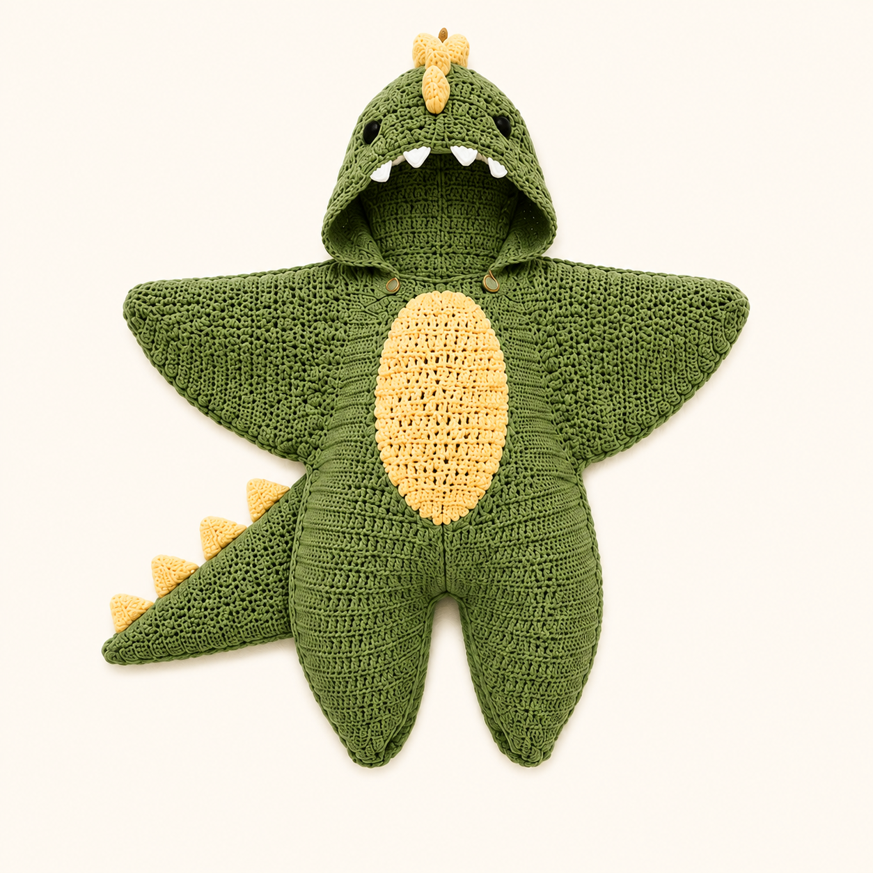Cozy Baby Dino Star Suit, front view, green crochet costume with hood and spikes
