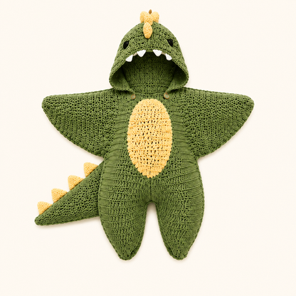 Cozy Baby Dino Star Suit, front view, green crochet costume with hood and spikes