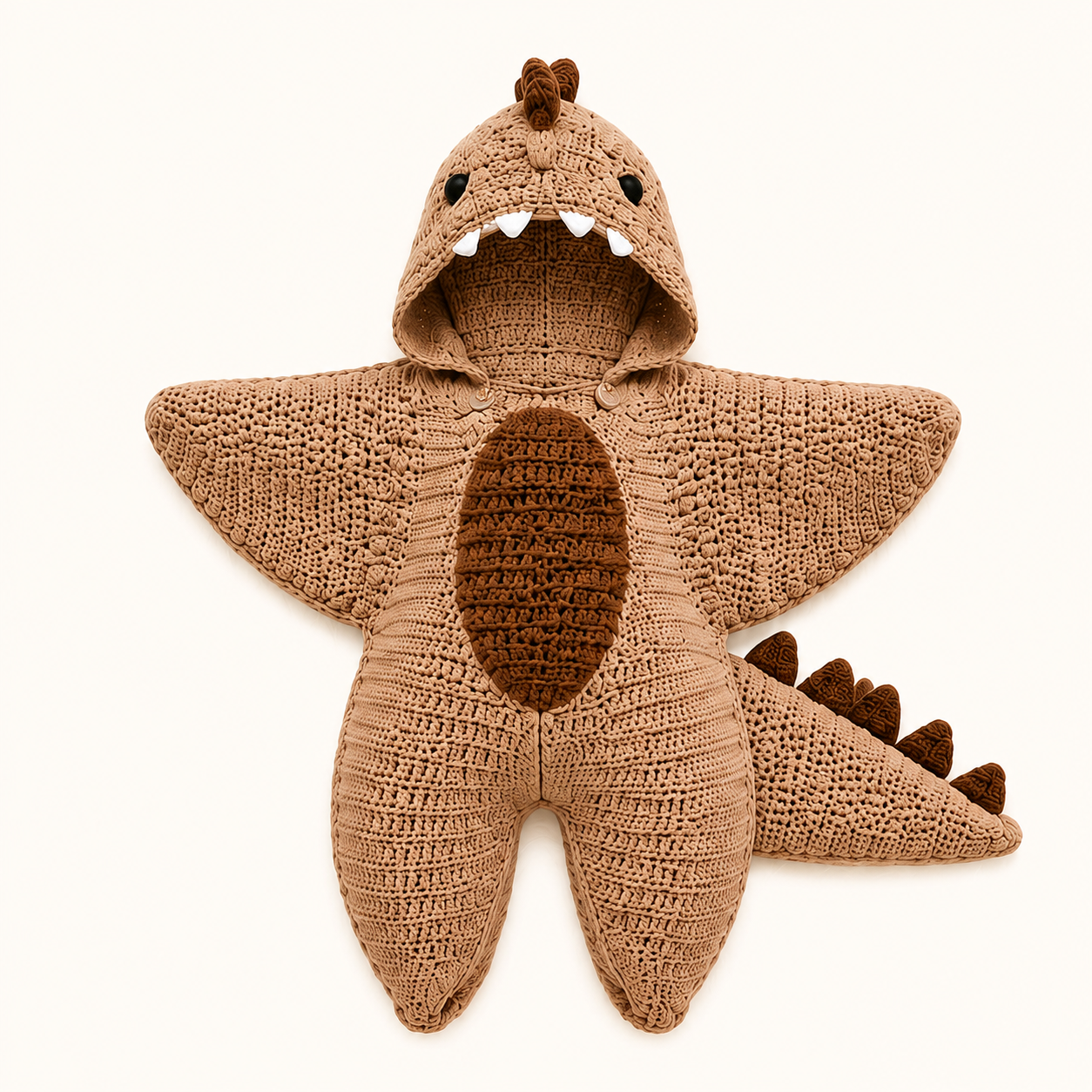 Baby wearing handmade crochet dinosaur costume, newborn photo prop