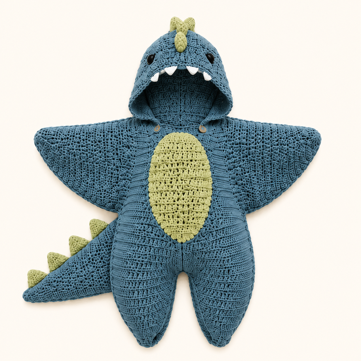 Newborn baby in soft crochet dinosaur suit, cozy baby shower gift